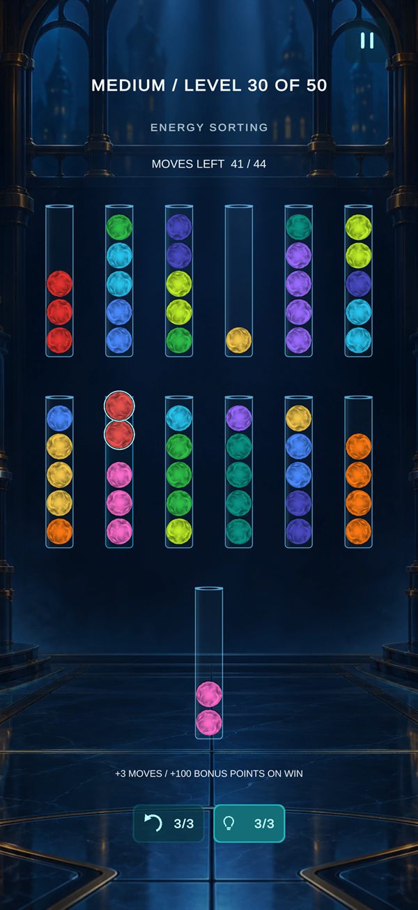 Sort Lab gameplay: tubes of coloured energy cores